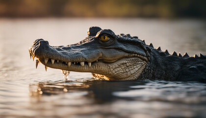 Obraz premium A crocodile lurking in the river, dusk 