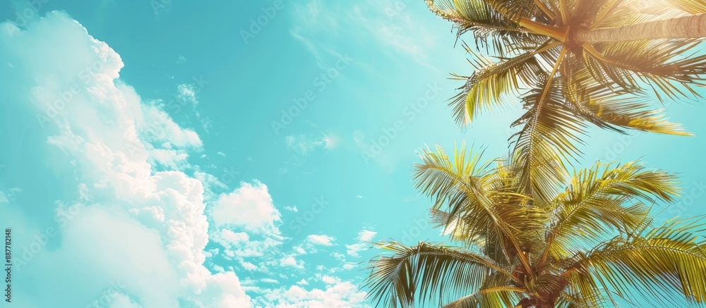 Poster a summery travel background featuring palm trees against a blue sky with copy space image