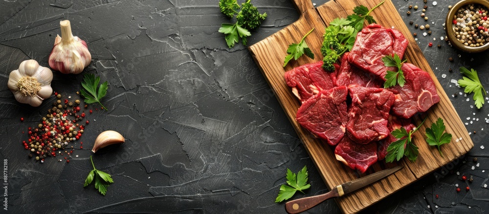 Poster wooden cutting board with raw beef steaks accompanied by garlic parsley and spices set against a sto