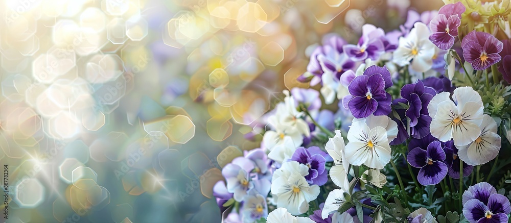 Aufkleber bouquet of white and purple pansies on tree backdrop in nature with copy space image