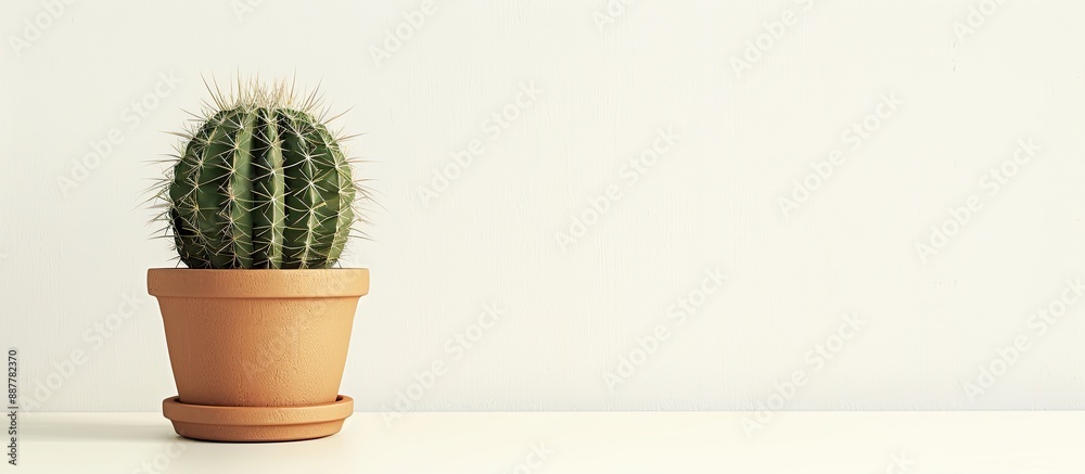 Leinwandbilder A green cactus in a brown clay pot stands alone on a white background offering ample copy space for text input It rests on an office table creating a designer workspace