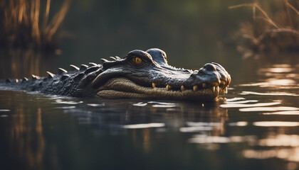 Naklejka premium A crocodile lurking in the river, dusk 