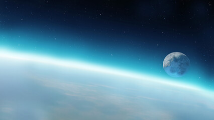 The horizon of the planet earth with a luminous atmosphere and a distant moon