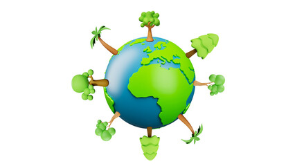 green planet earth with leaves. earth day concept. 3d earth image. the earth with various green trees surrounding it. earth day concept. protect trees, forests and the environment. peachful and green