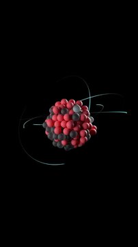 Unstable uranium atom, nucleus composed of neutrons and protons and spin electrons orbiting around it, 3D rendering of standard atomic model. Particle physics concept. Vertical Video
