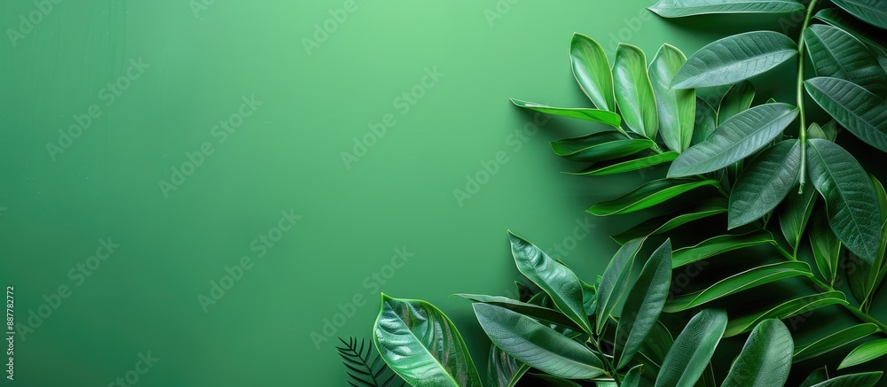 Aufkleber Top view of exotic Zamioculcas zamiifolia leaves on a green background creating a creative layout with copy space image