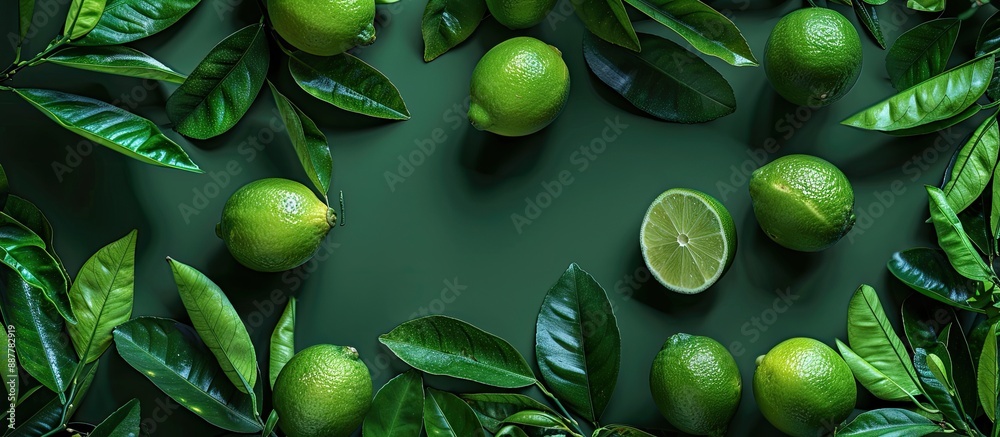 Poster a flat lay arrangement including vibrant limes and leaves on a green backdrop with room for text in 