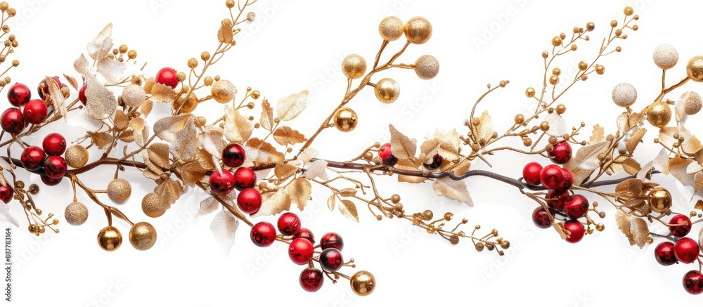Poster Isolated on a white background a golden garland adorned with berries stands elegantly creating a festive atmosphere in the copy space image