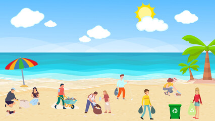 Education illustration of many people collecting trash on the beach. People collect trash and rubbish, cleaning environmental illustration. Ecology concept. Go Green. Summer beach background