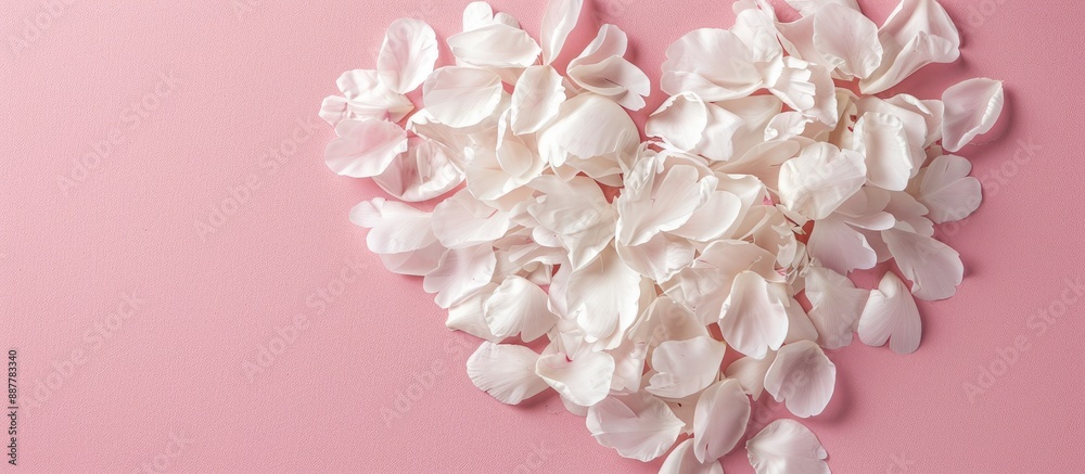 Aufkleber heart shaped peony petals in white placed on a pink background symbolize love in a flat lay top down