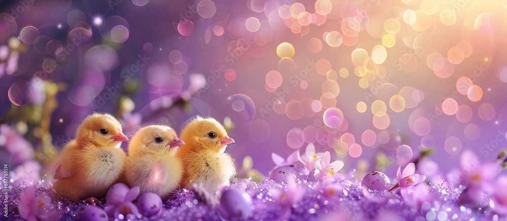 Aufkleber easter holiday theme with adorable easter chicks in eggs and flowers on a sparkling purple backdrop 