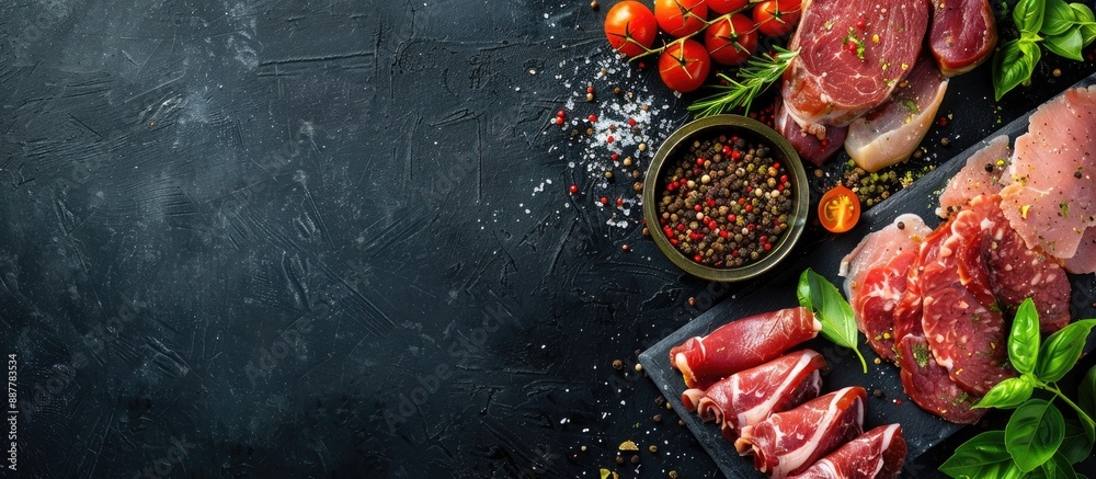 Aufkleber top view of assorted seasoned raw meats on a dark backdrop with ample copy space image
