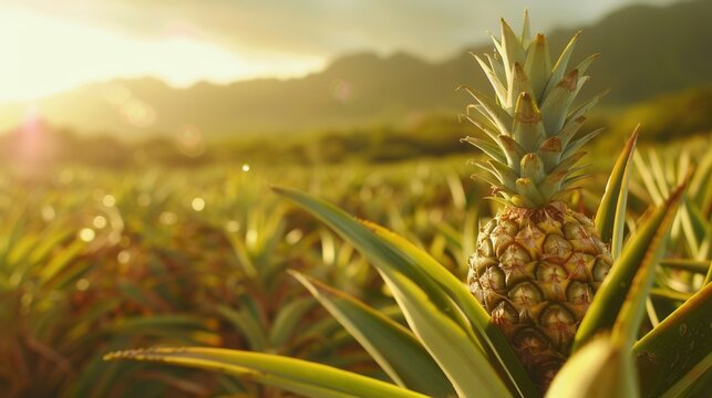 Fresh pineapple fruit growing in plantation field in farm