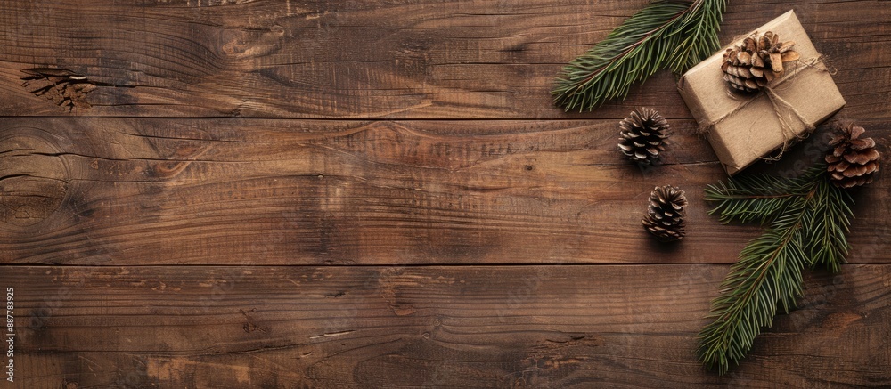 Poster Top view of wood grunge board with a gift box larch branch with cone and copy space image for text placement
