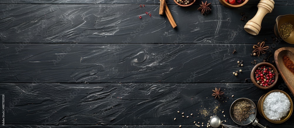 Poster A background of a black wooden table with dessert spices kitchen tools and space for an image. with copy space image. Place for adding text or design