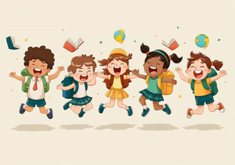 Fototapeta premium Happy School Kids With Backpacks and Books Jumping. Back to School Concept Illustration.