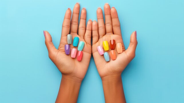 Top view of woman s hands displaying nail color samples on blue background