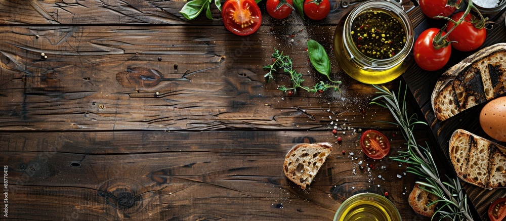Poster a wooden table set with grilled veggies ripe tomatoes premium olive oil and rye bread featuring a to