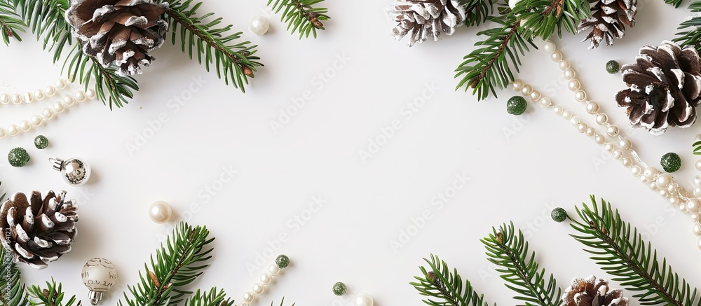 Poster Top down flat lay of a New Year greeting arrangement featuring pine branches cones and beads on a white background surrounded by a frame for a copy space image