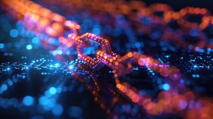 Abstract digital blockchain technology background with hexagonal nodes connected by lines, representing network security and encrypted data.