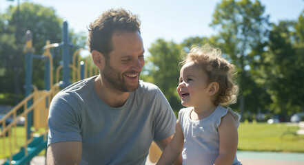 Obraz premium A father daughter playing in the park, both laughing and smiling at each other. 