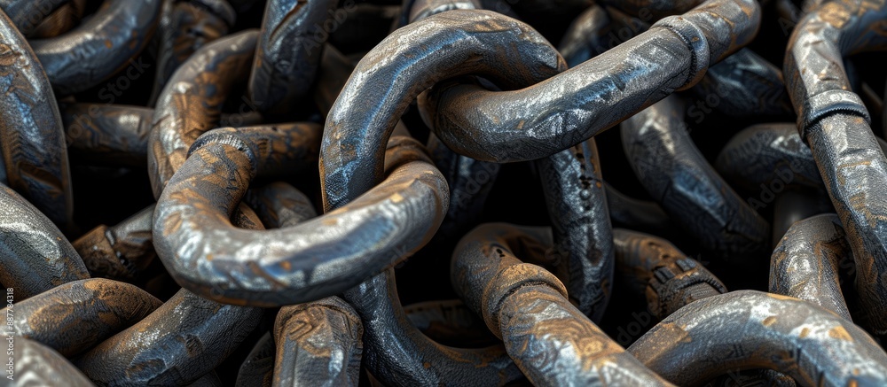 Aufkleber Steel chain links in various lengths have a random curly appearance in the copy space image