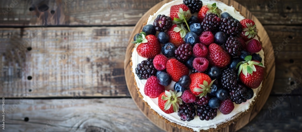 Fototapete Delectable homemade cake topped with fresh berries displayed on a rustic wooden table with a blank space for text or image insertion. with copy space image. Place for adding text or design