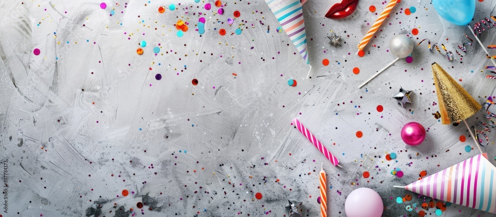 Poster top view of a festive birthday or party theme with birthday candles glitter party hats and lips on a