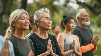 A diverse group of people participating in a yoga class in a park, with various ages and cultural backgrounds represented