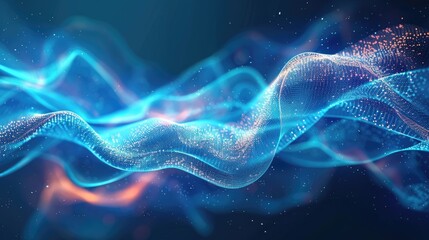 Fototapeta premium Abstract light waves and particles composition. Blue and orange neon glowing lines creating a futuristic, dynamic, and vibrant background.