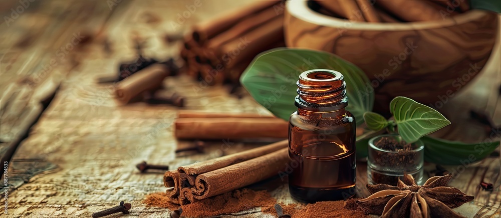 Poster organic cinnamon essential oil and sticks on wooden backdrop evoke a spa atmosphere for aromatherapy