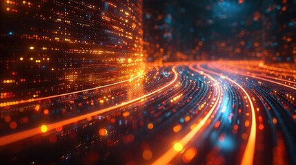 Abstract futuristic data network, glowing lines and particles representing fast digital communication and technology infrastructure.