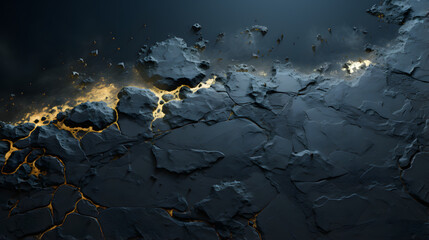 Black abstract background texture with golden cracks, 3D render illustration.