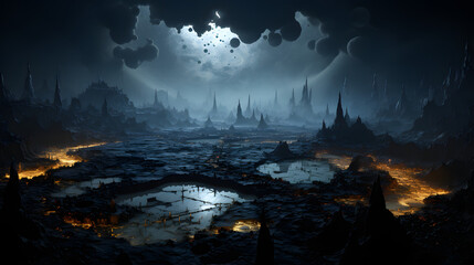 Fototapeta premium A dark, desolate alien world with glowing rivers of lava snaking through jagged, mountainous terrain under a sky filled with moons and asteroids.