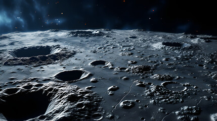 A close-up image of a dark and shadowy moon surface, covered in craters of various sizes, hints at the vastness and mystery of space.
