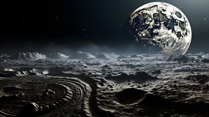 A space habitat built inside a massive crater on a barren asteroid or moon with a large, cratered planet looming on the horizon.