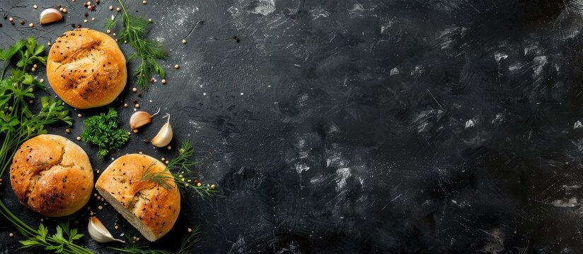 Top down view of Ukrainian garlic pampushka bread with ample copy space image available