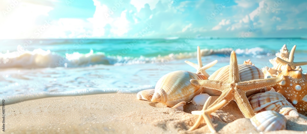 Poster summer vacation scene with starfish shells and a picturesque shore in a beach setting with copy spac