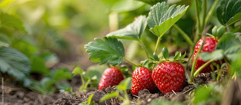 Aufkleber ripe strawberries in the vegetable garden suitable for consumption pictured with copy space image