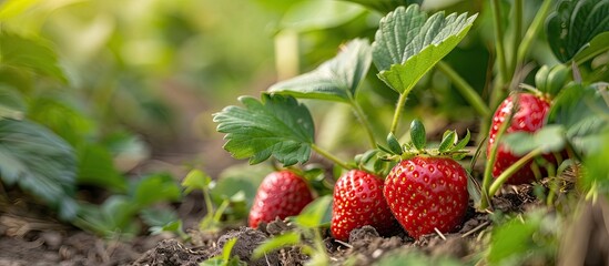 Ripe strawberries in the vegetable garden suitable for consumption pictured with copy space image