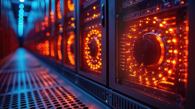 Close-up view of a glowing server rack in a data center. The intricate lights and modern technology create a futuristic ambiance. - Powered by Adobe