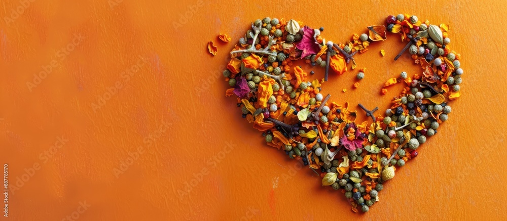 Poster spice heart mosaic on orange backdrop with ample copy space image