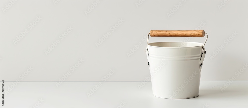 Poster White metal bucket with wooden handle displayed on a plain white backdrop for a copy space image