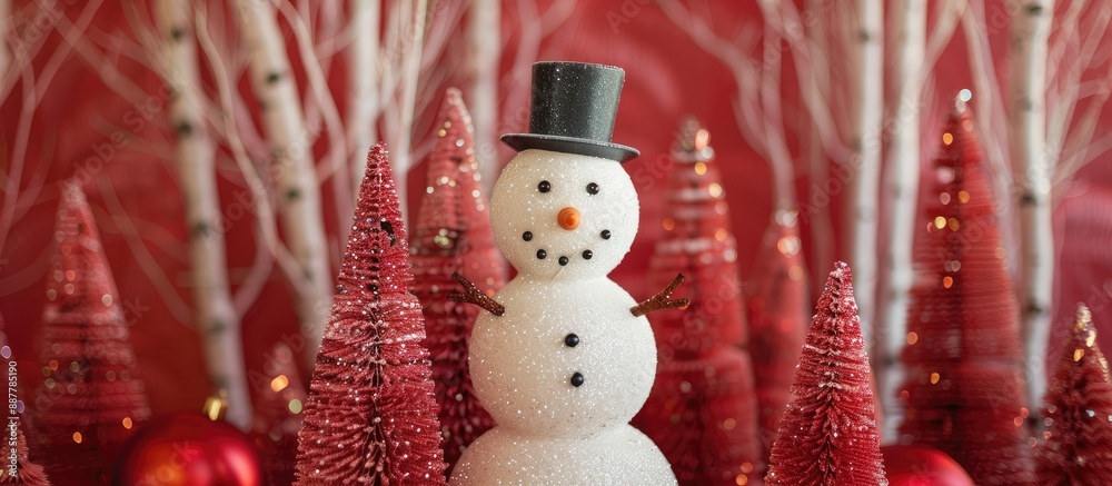 Poster christmas indoor decoration featuring a sizable snowman set against glittering fake red pine trees w
