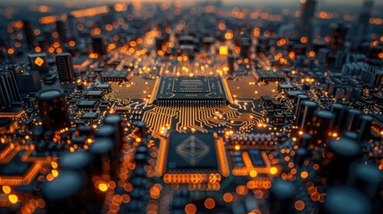 Close-up view of an illuminated microchip with intricate circuitry, representing future technology and electronic advancement.