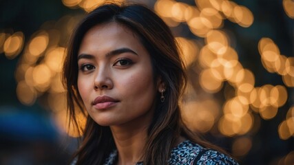 Fototapeta premium A woman with an elegant expression stands outdoors in the evening, with soft bokeh lights creating a warm and enchanting background. 