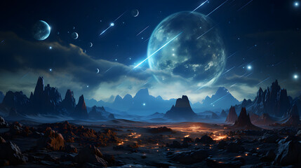 A breathtaking vista of an alien planet's surface, illuminated by its moon and meteor showers. Jagged mountains rise against the night sky, while molten lava flows through the rocky landscape.
