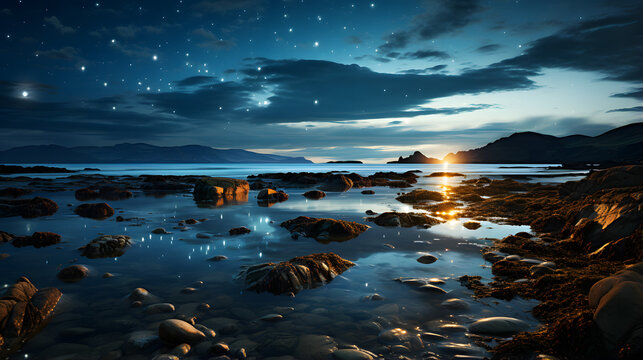 As dawn breaks over a rocky coastline, the last stars of night twinkle in a twilight sky filled with the hues of sunrise. The water reflects the glow from the horizon - Powered by Adobe