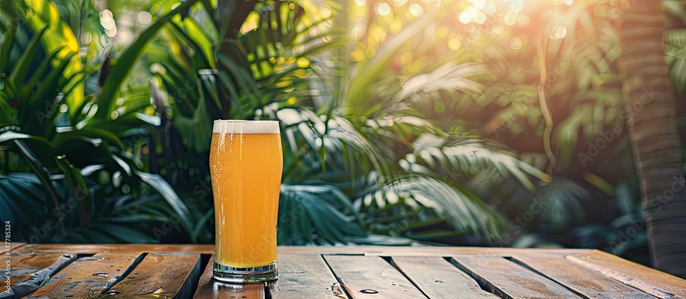 Poster A refreshing craft beer placed on a tropical bar s wooden table with copy space image available