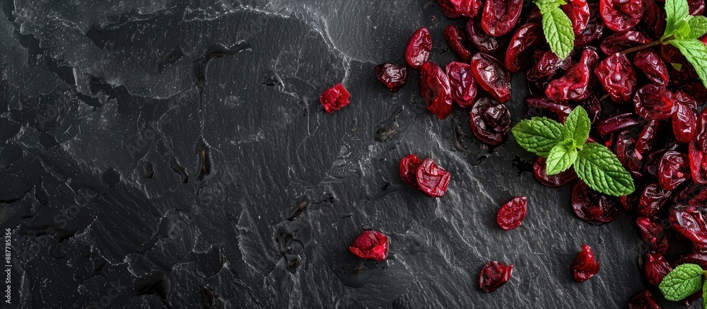 Aufkleber organic red dried cranberry and fresh mint leaves arranged on a black background in a top view shot 